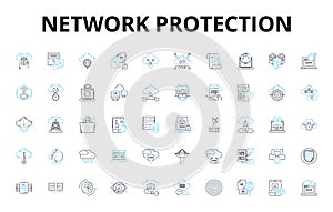Network protection linear icons set. Firewall, Encryption, Antivirus, Malware, Cybersecurity, Spam, Intrusion vector photo