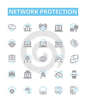 Network protection vector line icons set. Firewall, Antivirus, Encryption, Intrusion, Detection, Prevention