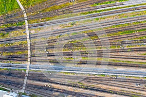 Network of railway tracks at a cargo station, top view