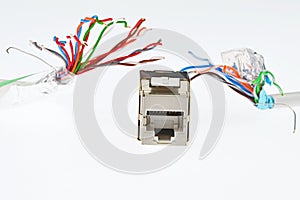 Network RJ45 female socket is chased by two UTP/STP cables that looks like tentacles of a monster, white background