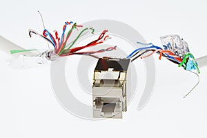 Network RJ45 UTP female socket is chased by two UTP/STP cables that looks like tentacles of a monster, white background