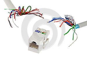 Network RJ45 UTP female socket is chased by two UTP/STP cables that looks like tentacles of a monster, white background