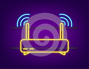 Network Router neon icon. Wifi router, wireless broadband modem. Communication Access Network. Vector stock illustration