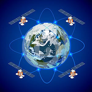 Network and satellite data exchange over planet earth in space. GPS satellite.