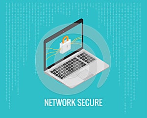 Network secure illustration with laptop and lock icon on the digital blue background. Isometric view