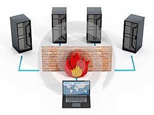 Network security concept with a brick wall in front of laptop computer. 3D illustration