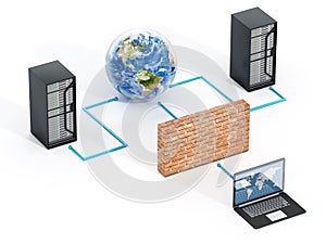 Network security concept with a brick wall in front of laptop computer. 3D illustration