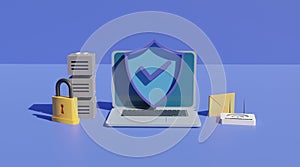 Network security concept with secure badge and server computer . 3d illustration rendering