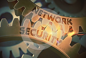 Network Security on Golden Gears. 3D Illustration.