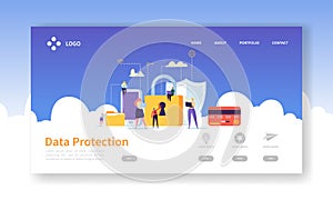 Network Security Landing Page. Data Protection Banner with Flat People Characters and Digital Data Secure Website