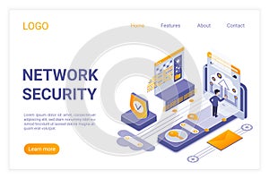 Network security landing page isometric vector template. Data encryption, personal information protection service web