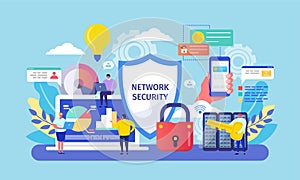 Network security vector illustration, cartoon flat tiny networked people working on smartphone or laptop, safe data