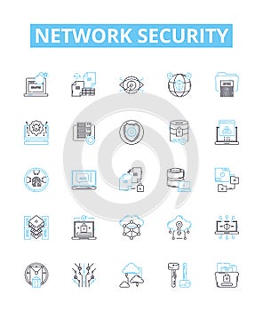 Network security vector line icons set. Network, Security, Cyber, Intrusion, Firewall, Malware, Antivirus illustration