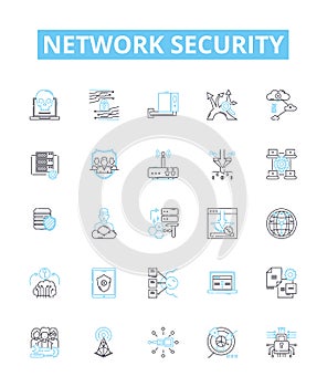 Network security vector line icons set. Network, Security, Cyber, Intrusion, Firewall, Malware, Antivirus illustration