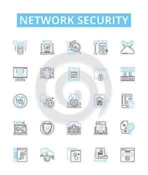 Network security vector line icons set. Network, Security, Cyber, Intrusion, Firewall, Malware, Antivirus illustration