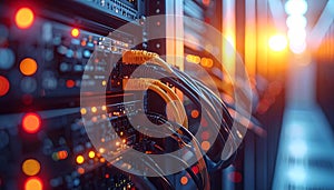 Network server with cables and blinking lights