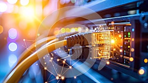 Network server with ethernet cables connected, data center, technology concept.