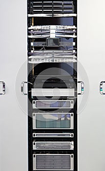 Network server panel, switch and patch cord cable in data center