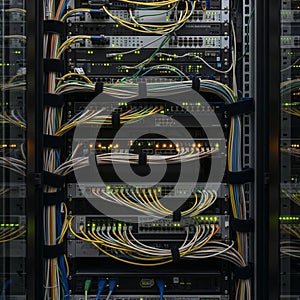 A network server rack is filled with various hardware components and neatly