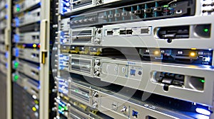 Network Server Racks In a Modern Data Center. AI Brain Analyzing.