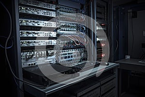 network server room with fiber optic cables connected to switch technology background, Rackmount LED console in a server room of