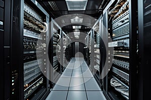 network server room with lots of cables ready for data transfer - technology background. Generative AI