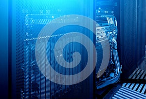 Network server room with servers high performance computers running processes