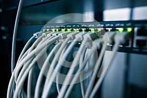 Network server room with servers, high performance computers running processes