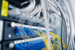 Network server room with servers, high performance computers running processes, IT concept