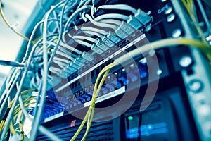 Network server room with servers, high performance computers running processes, IT concept