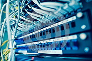 Network server room with servers, high performance computers running processes, IT concept