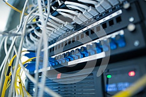 Network server room with servers, high performance computers running processes, IT concept