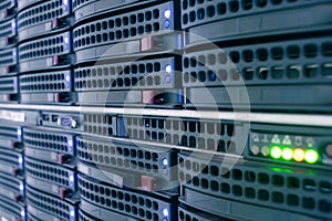 Network servers close-up. powerful computer equipment are in the server room of the data center.