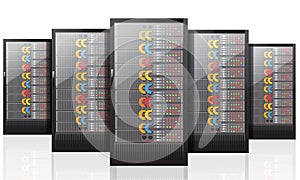 Network servers computer hardware technology isolated on white background. Realistic vector.