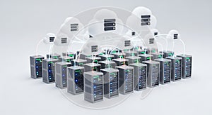 Cloud computing network with servers and data storage connected to the internet system on white background