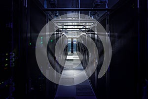 Network servers in a data center. Tier III carrier neutral data center. Server rooms.