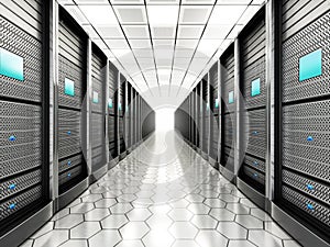 Network servers in a row in the room. 3D illustration