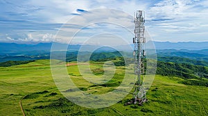 Network signal tower on hill in green meadow with clear blue sky on a sunny