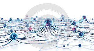 Abstract network of interconnected nodes with glowing lines and spheres on white surface