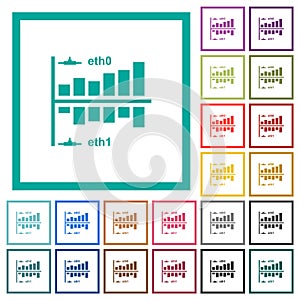 Network statistics flat color icons with quadrant frames