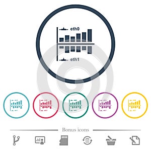 Network statistics flat color icons in round outlines