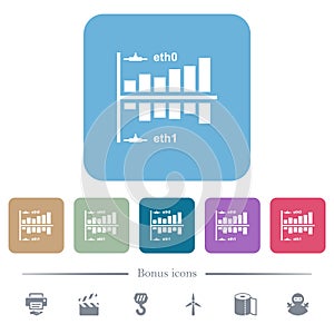 Network statistics flat icons on color rounded square backgrounds