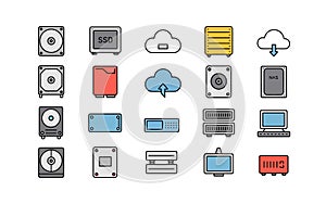 Network and storage device icons set for technology solutions