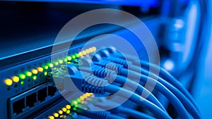 Network Switch with Blinking Lights and Blue Ethernet Cables