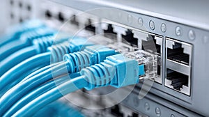 Network switch with blue ethernet cables