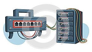 Network switch connected to server rack with ethernet cables in data center