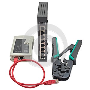 Network switch, ethernet cable, crimper and RJ45 cable tester