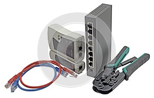 Network switch, ethernet cable, crimper and RJ45 cable tester