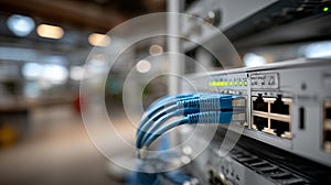 Network switch with ethernet cables connected for data center