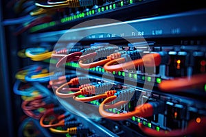 Network switch and ethernet cables in data center. 3d rendering, close up of network cables connected to an internet hub, shallow